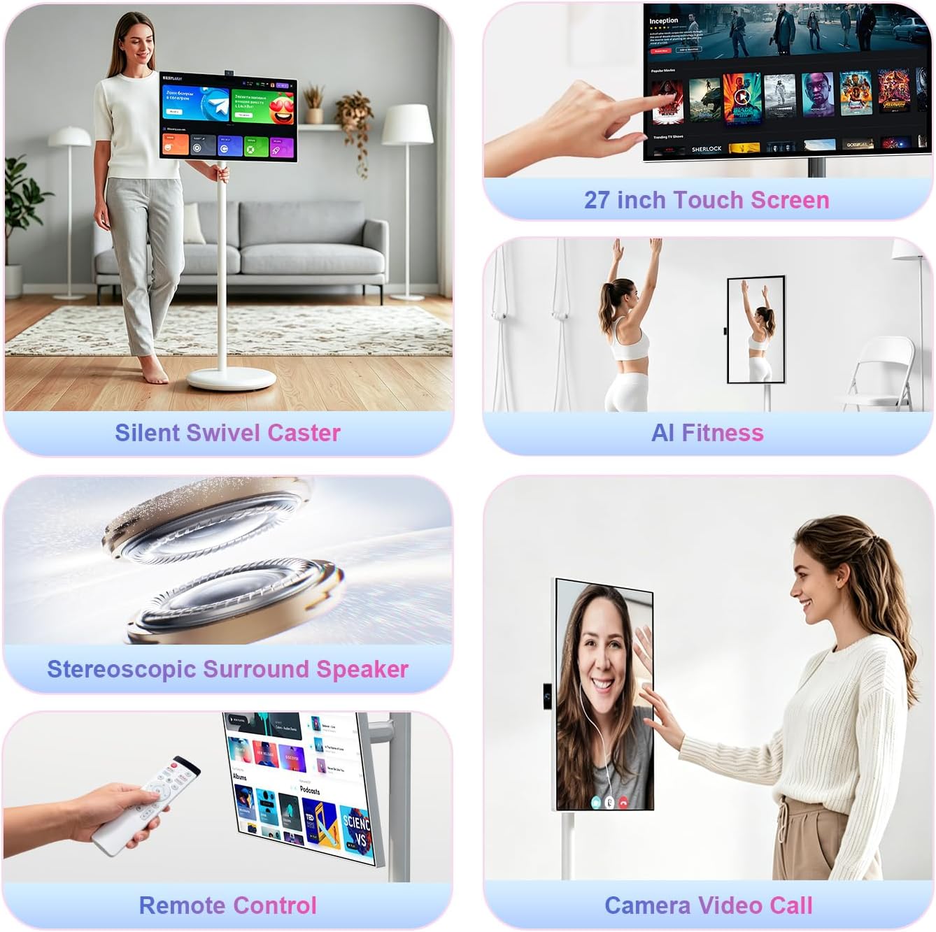 Features of the portable smart TV on wheels: 27-inch touch screen, AI fitness, remote control, stereoscopic speakers.