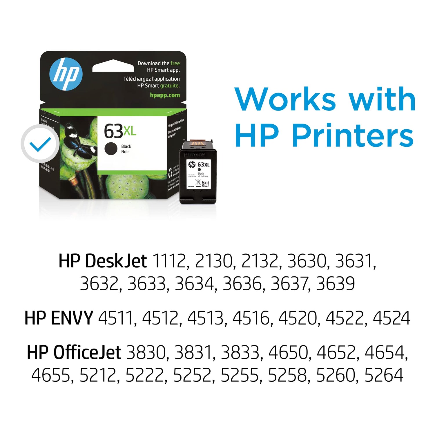HP 63XL Black High-Yield Printer Ink Cartridge Printers | Works with DeskJet 1112, 2130, 3630;Envy 4510, 4520; OfficeJet 3830, 4650, 5200 | Eligible for Instant Ink | F6U64AN