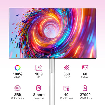 portable smart TV on wheels VLH 27" with vibrant design, specs include 100% sRGB, 60Hz refresh rate and 8-core processor.