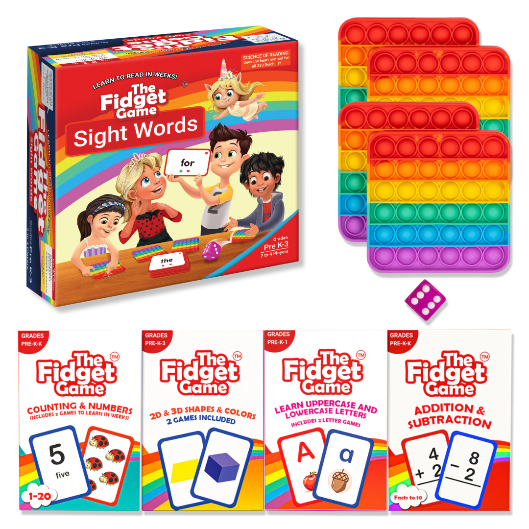 The Fidget Game: Sight Words Edition box with colorful game boards, cards for learning, and a dice. Engaging educational tool