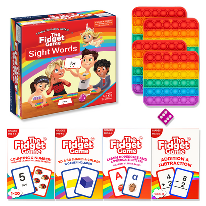 The Fidget Game: Sight Words Edition box with colorful game boards, cards for learning, and a dice. Engaging educational tool