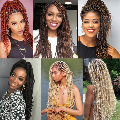 Leeven 7 Packs Faux Locs With Curly Ends 18 Inch Pre-looped Goddess Locs Crochet Hair 84 Strands Natural Black Crochet Bohemian Soft Locs Braiding Hair Extensions With Curls for Women 1B