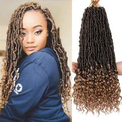 Leeven 7 Packs Faux Locs With Curly Ends 18 Inch Pre-looped Goddess Locs Crochet Hair 84 Strands Natural Black Crochet Bohemian Soft Locs Braiding Hair Extensions With Curls for Women 1B