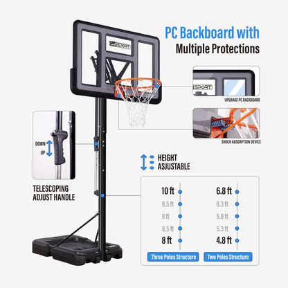 Basketball Hoop Outdoor Protable 44/48 Inch Impact Backboard, 4.8-10FT Height Adjustable Basketball Hoop Goal System with Wheels for Adults