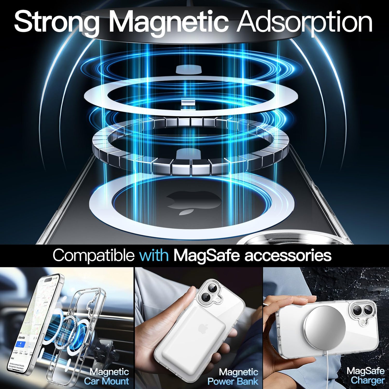 premium aplus module features iPhone with clear case showcasing MagSafe compatibility and sleek design.