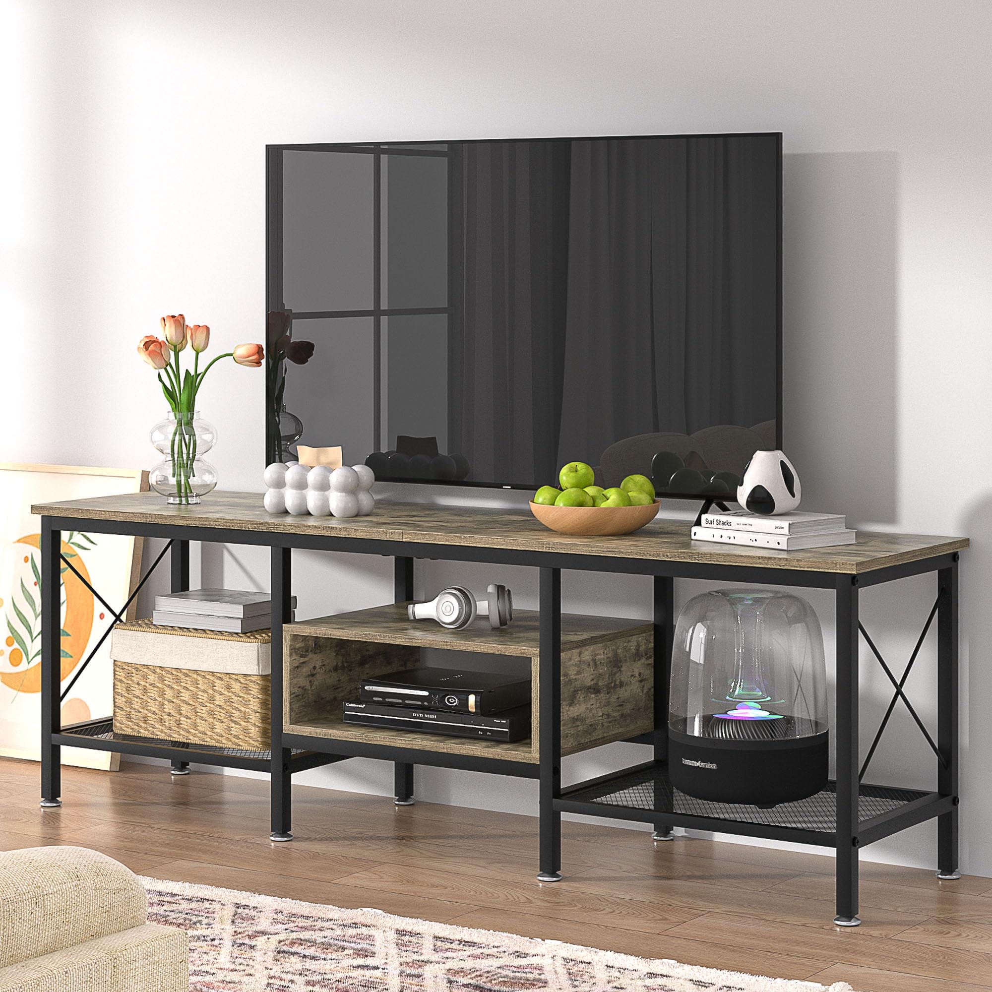 VECELO TV Stand with Power Outlets for 65 Inch Industria Media Entertainment Center with Charging Station, 3-Tier Open Shelves &amp; Metal Frame for Living Room, Bedroom, 55 Inch, Brown