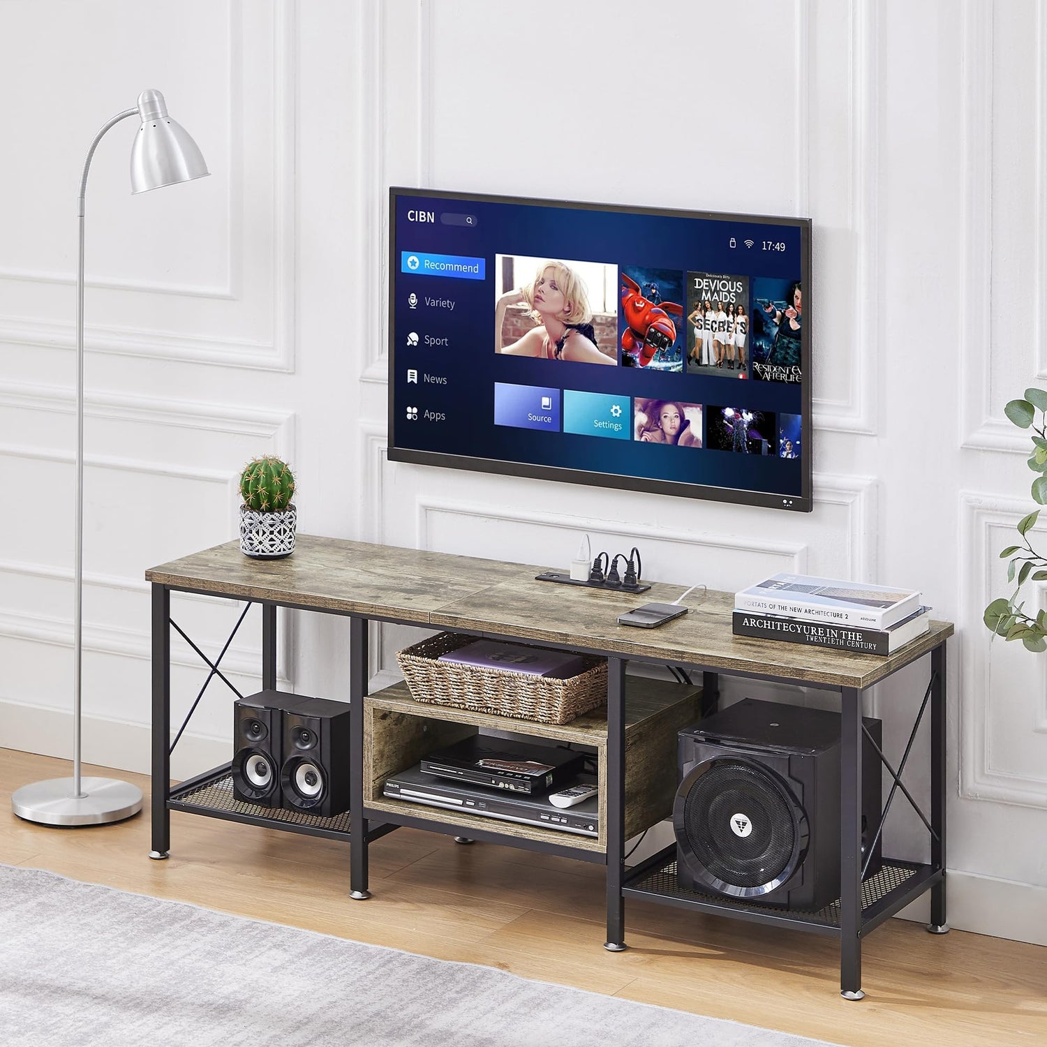 VECELO TV Stand with Power Outlets for 65 Inch Industria Media Entertainment Center with Charging Station, 3-Tier Open Shelves &amp; Metal Frame for Living Room, Bedroom, 55 Inch, Brown