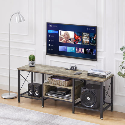 VECELO TV Stand with Power Outlets for 65 Inch Industria Media Entertainment Center with Charging Station, 3-Tier Open Shelves &amp; Metal Frame for Living Room, Bedroom, 55 Inch, Brown