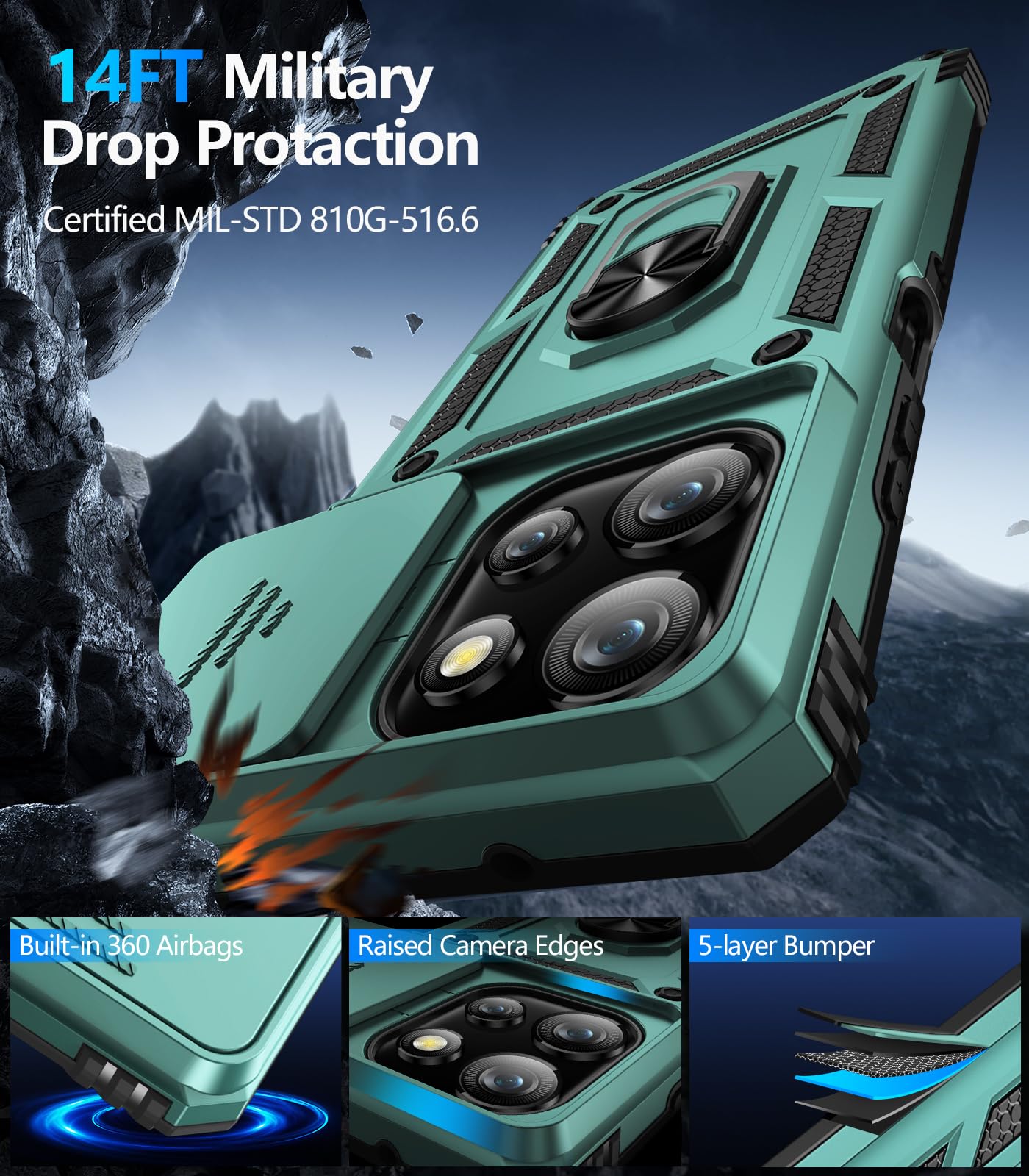 Samsung Galaxy S26 Ultra case with screen protector showcasing 14FT military drop protection features.