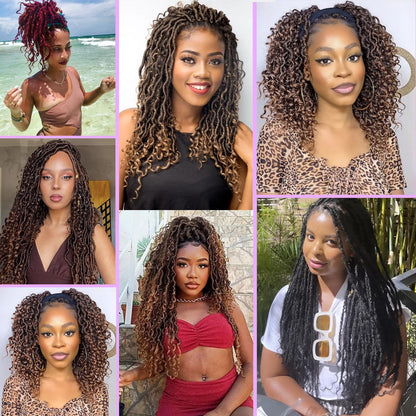 Leeven 7 Packs Faux Locs With Curly Ends 18 Inch Pre-looped Goddess Locs Crochet Hair 84 Strands Natural Black Crochet Bohemian Soft Locs Braiding Hair Extensions With Curls for Women 1B