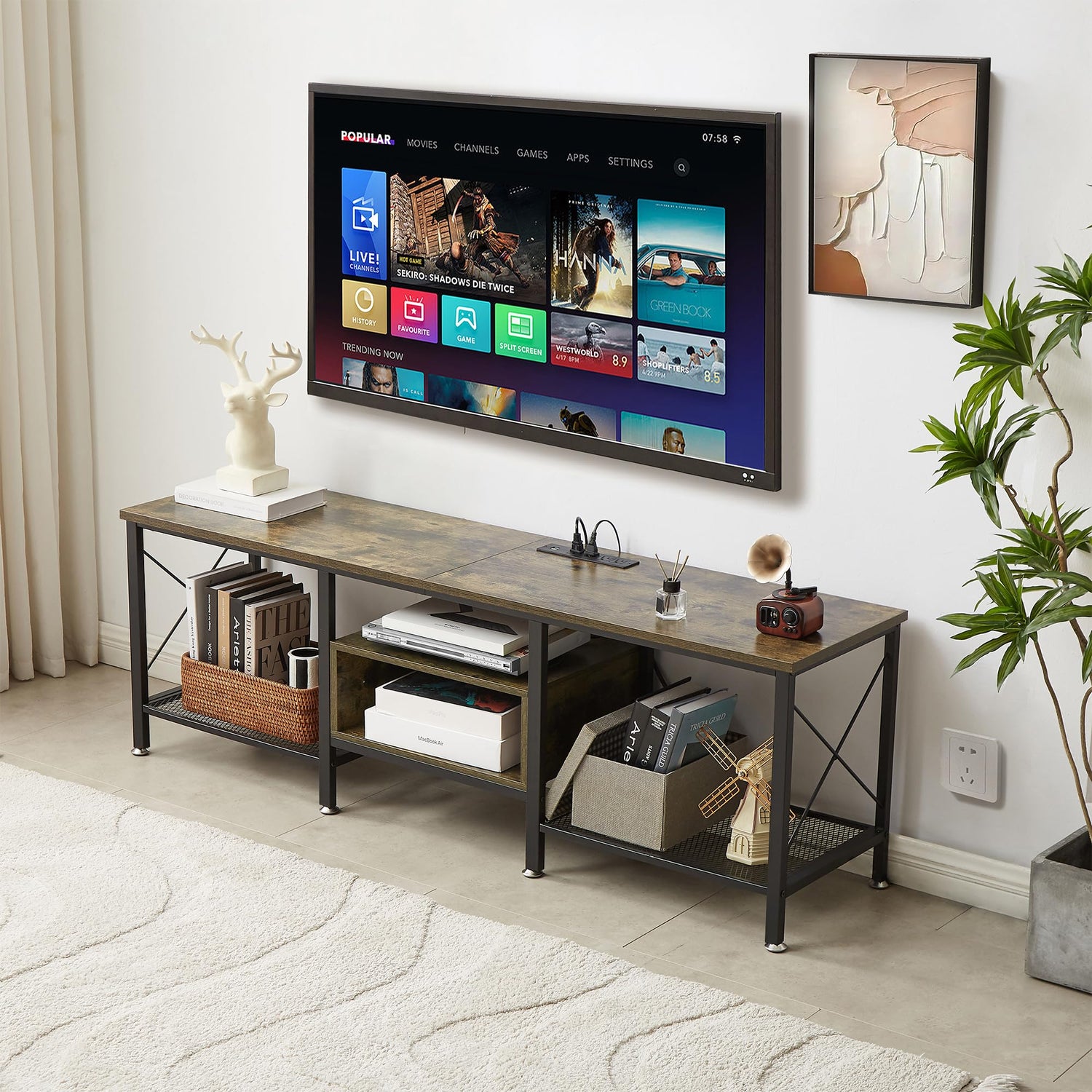 VECELO TV Stand with Power Outlets for 65 Inch Industria Media Entertainment Center with Charging Station, 3-Tier Open Shelves &amp; Metal Frame for Living Room, Bedroom, 55 Inch, Brown