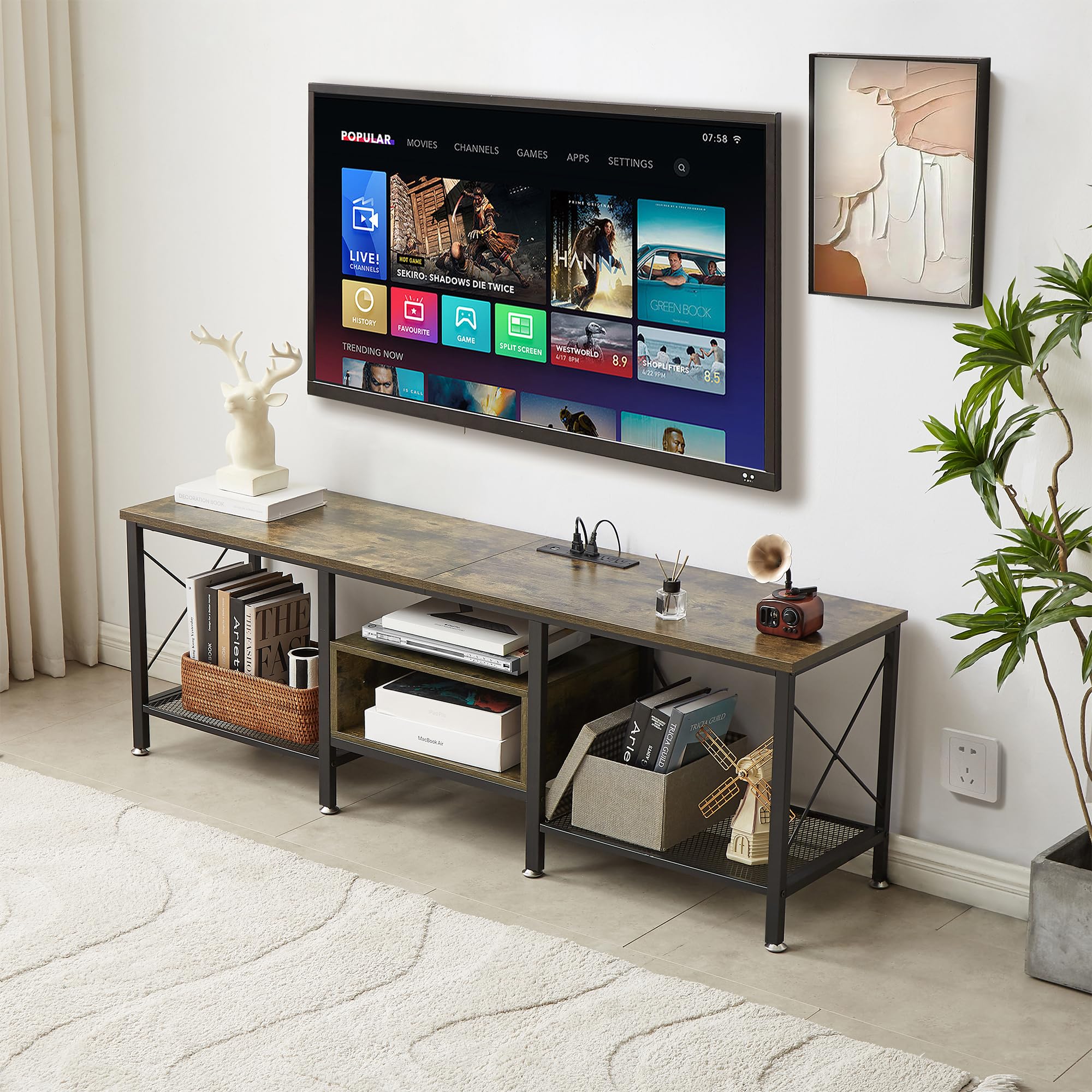 VECELO TV Stand with Power Outlets for 65 Inch Industria Media Entertainment Center with Charging Station, 3-Tier Open Shelves &amp; Metal Frame for Living Room, Bedroom, 55 Inch, Brown