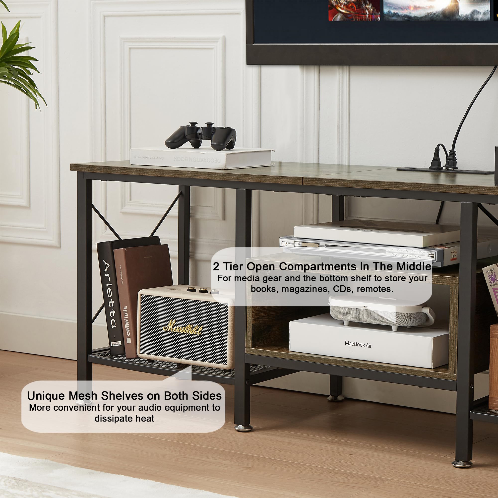 VECELO TV Stand with Power Outlets for 65 Inch Industria Media Entertainment Center with Charging Station, 3-Tier Open Shelves &amp; Metal Frame for Living Room, Bedroom, 55 Inch, Brown
