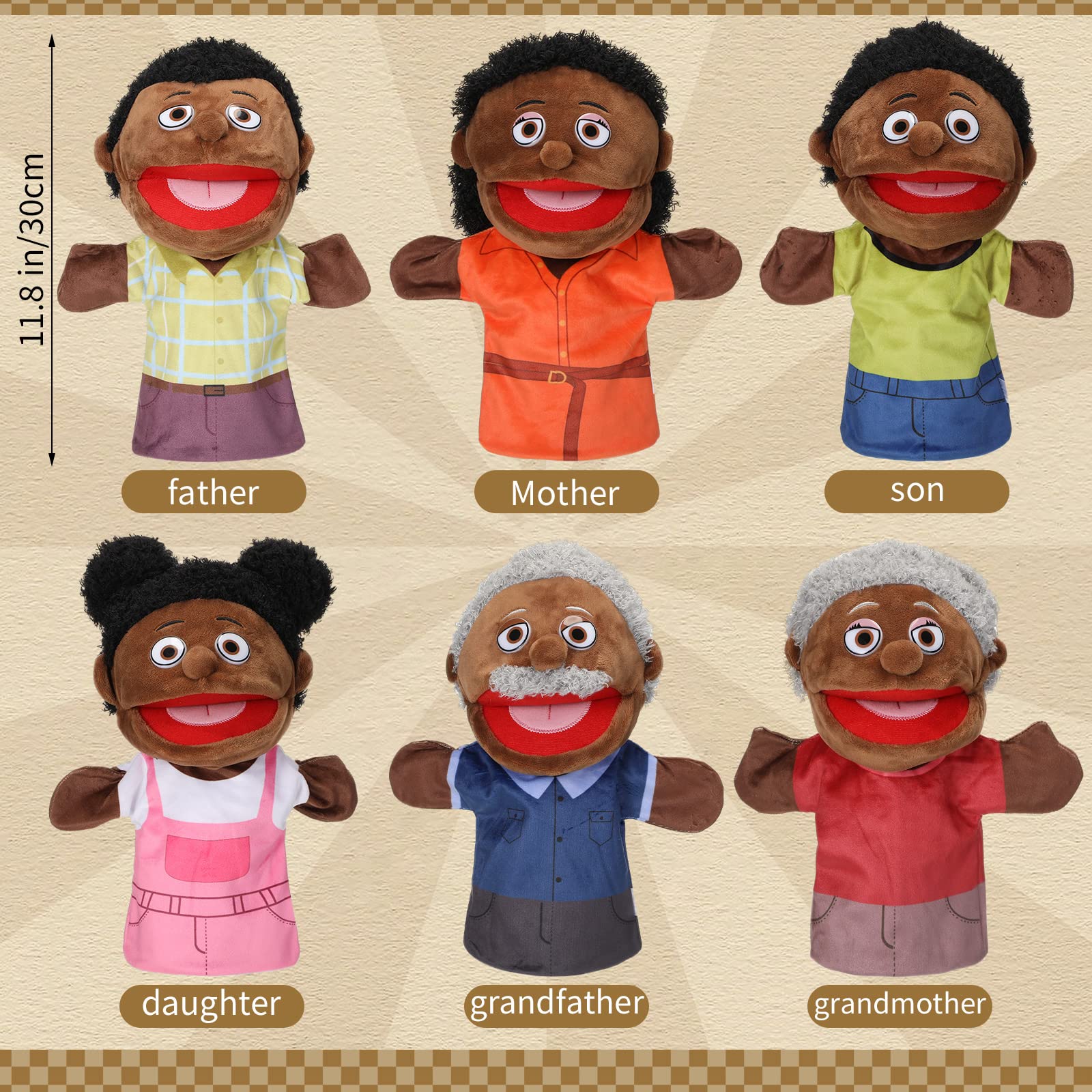 Lenwen 6 Pcs Family Hand Puppet Set Family Members Puppets with Movable Mouth Soft Plush for Boys and Girls Teens Kids Storytelling Play School Teaching Preschool (African American)
