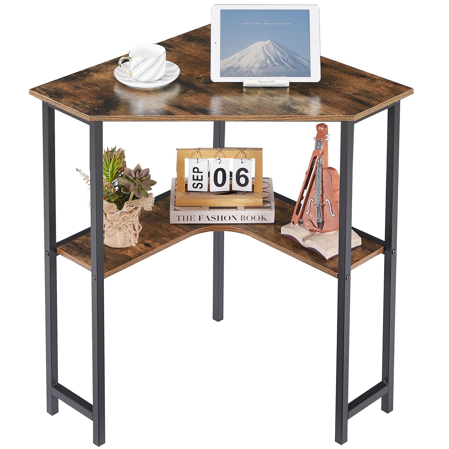 VECELO Corner Computer Desk 41x30 inches with Charging Station &amp; Keyboard &amp; Storage Shelves for Small Space,Triangle Table for Home Office Bedroom,Black