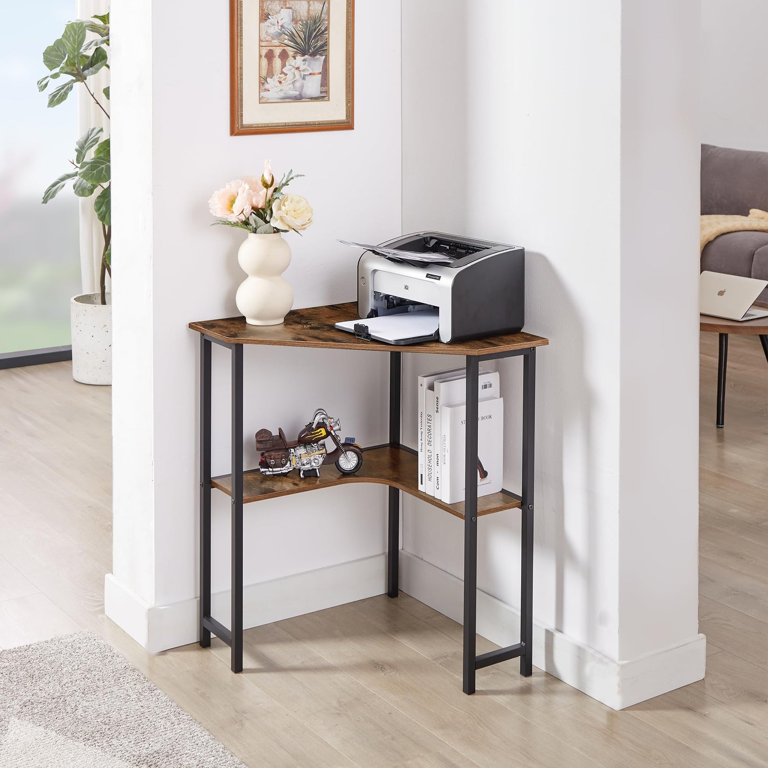 VECELO Corner Computer Desk 41x30 inches with Charging Station &amp; Keyboard &amp; Storage Shelves for Small Space,Triangle Table for Home Office Bedroom,Black