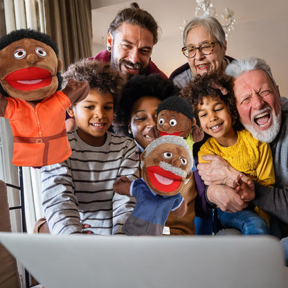 Lenwen 6 Pcs Family Hand Puppet Set Family Members Puppets with Movable Mouth Soft Plush for Boys and Girls Teens Kids Storytelling Play School Teaching Preschool (African American)