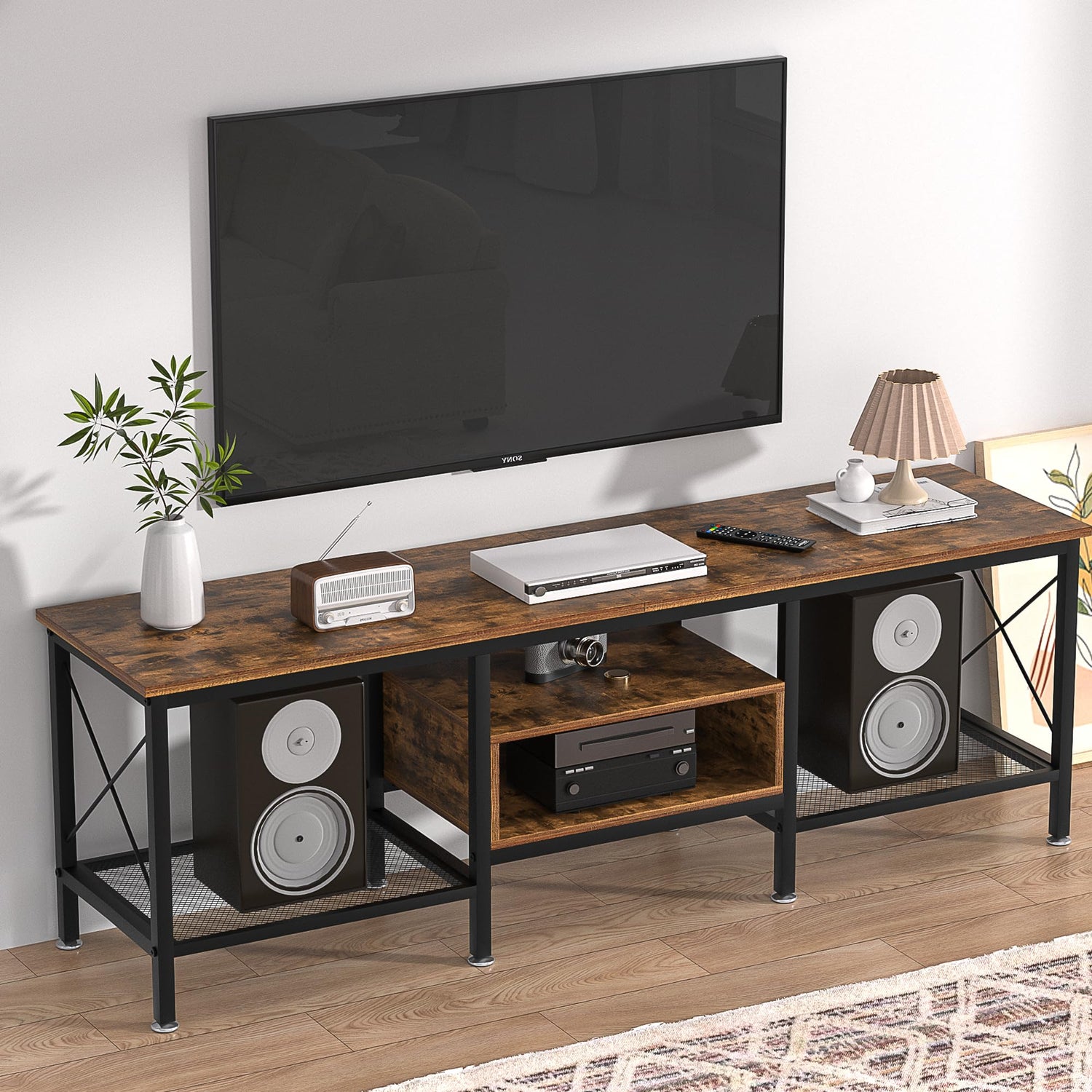 VECELO TV Stand with Power Outlets for 65 Inch Industria Media Entertainment Center with Charging Station, 3-Tier Open Shelves &amp; Metal Frame for Living Room, Bedroom, 55 Inch, Brown