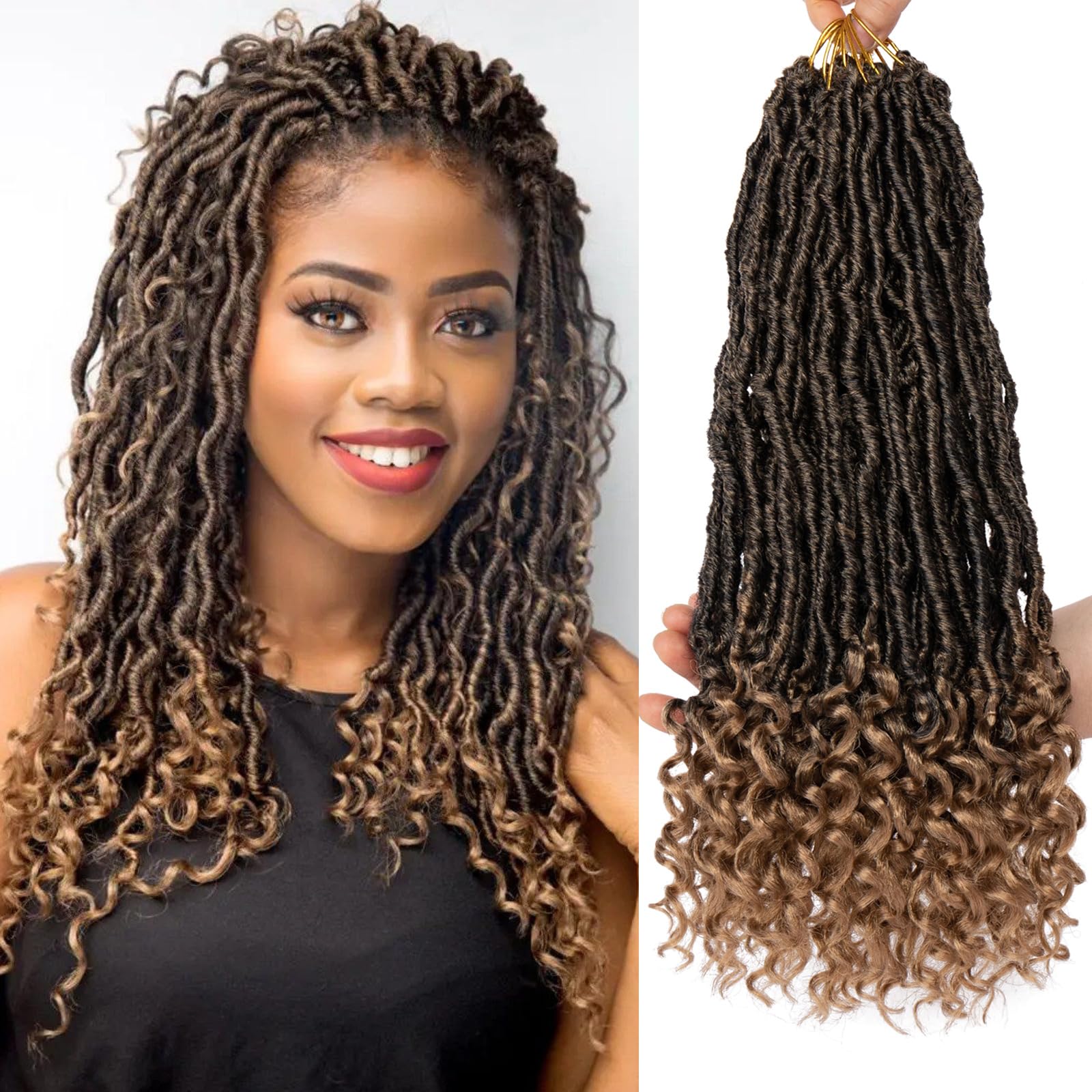 Leeven 7 Packs Faux Locs With Curly Ends 18 Inch Pre-looped Goddess Locs Crochet Hair 84 Strands Natural Black Crochet Bohemian Soft Locs Braiding Hair Extensions With Curls for Women 1B