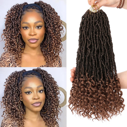 Leeven 7 Packs Faux Locs With Curly Ends 18 Inch Pre-looped Goddess Locs Crochet Hair 84 Strands Natural Black Crochet Bohemian Soft Locs Braiding Hair Extensions With Curls for Women 1B