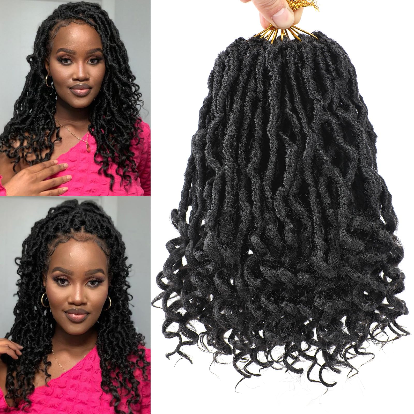 Leeven 7 Packs Faux Locs With Curly Ends 18 Inch Pre-looped Goddess Locs Crochet Hair 84 Strands Natural Black Crochet Bohemian Soft Locs Braiding Hair Extensions With Curls for Women 1B