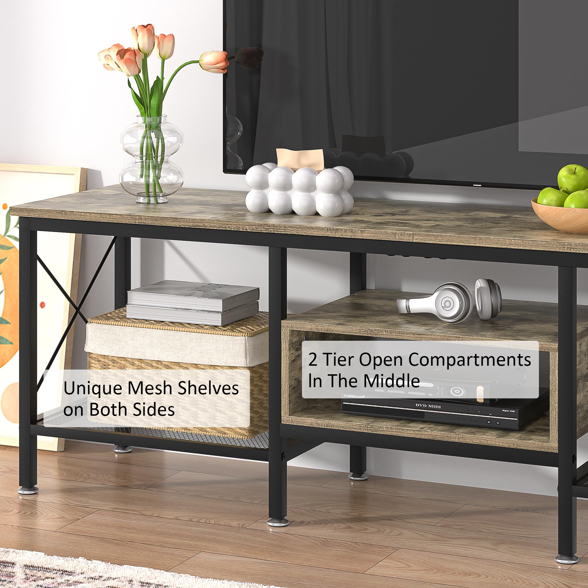 VECELO TV Stand with Power Outlets for 65 Inch Industria Media Entertainment Center with Charging Station, 3-Tier Open Shelves &amp; Metal Frame for Living Room, Bedroom, 55 Inch, Brown