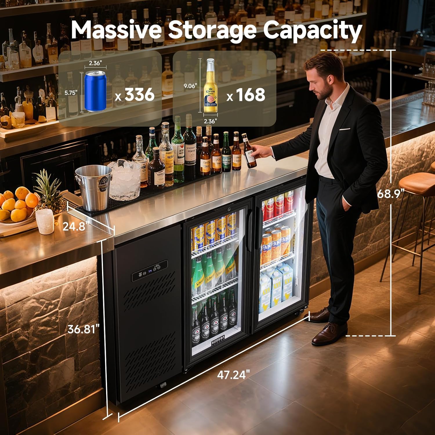 BODEGACOOLER Commercial Back Bar Cooler with 2 Glass Doors,12 Cu.Ft Stainless Steel Commercial Counter Height Bar Refrigerator,Display Drink Beverage Beer Fridge LED Lighting,SUS304 Top,4 Casters