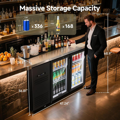 BODEGACOOLER Commercial Back Bar Cooler with 2 Glass Doors,12 Cu.Ft Stainless Steel Commercial Counter Height Bar Refrigerator,Display Drink Beverage Beer Fridge LED Lighting,SUS304 Top,4 Casters