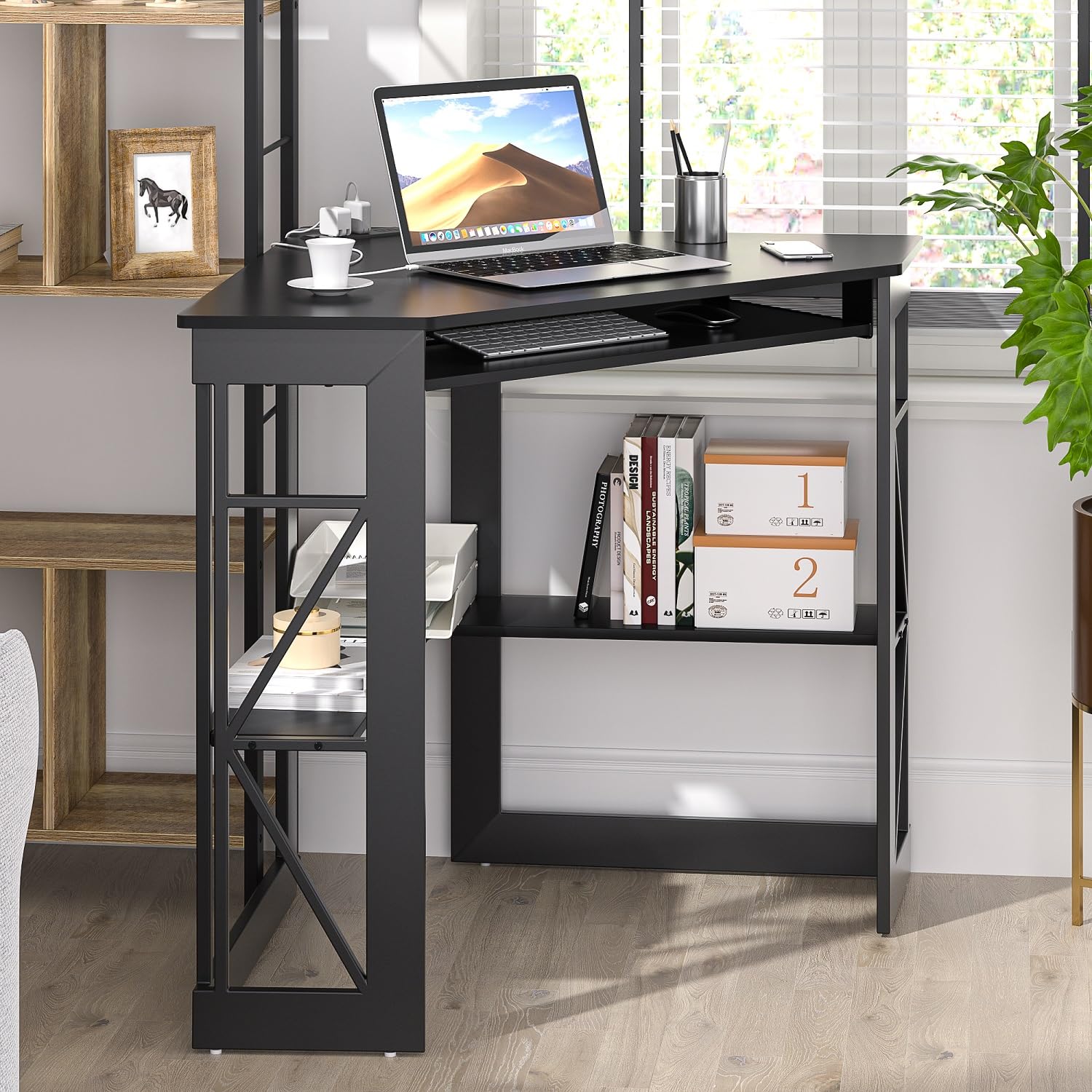 VECELO Corner Computer Desk 41x30 inches with Charging Station &amp; Keyboard &amp; Storage Shelves for Small Space,Triangle Table for Home Office Bedroom,Black