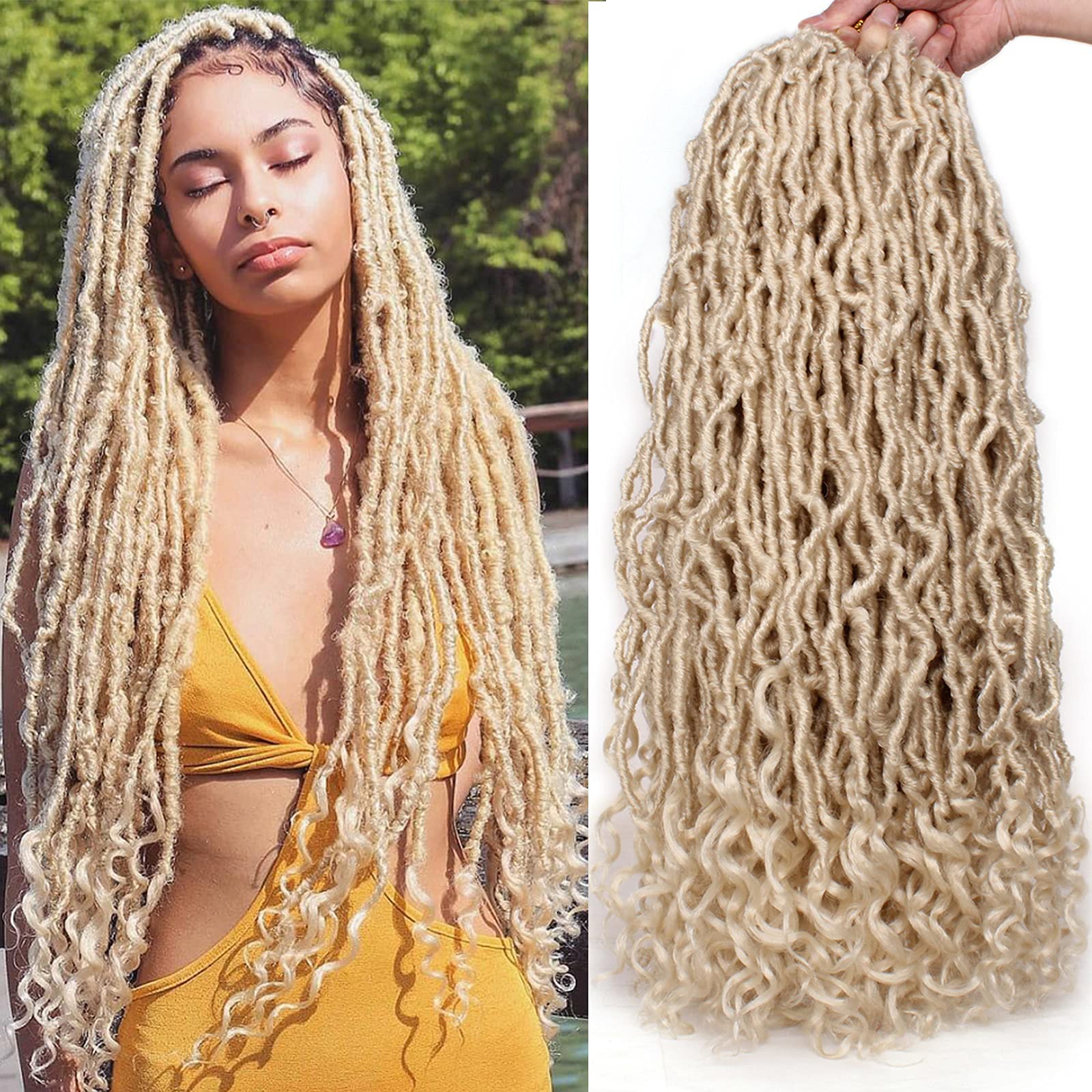 Leeven 7 Packs Faux Locs With Curly Ends 18 Inch Pre-looped Goddess Locs Crochet Hair 84 Strands Natural Black Crochet Bohemian Soft Locs Braiding Hair Extensions With Curls for Women 1B