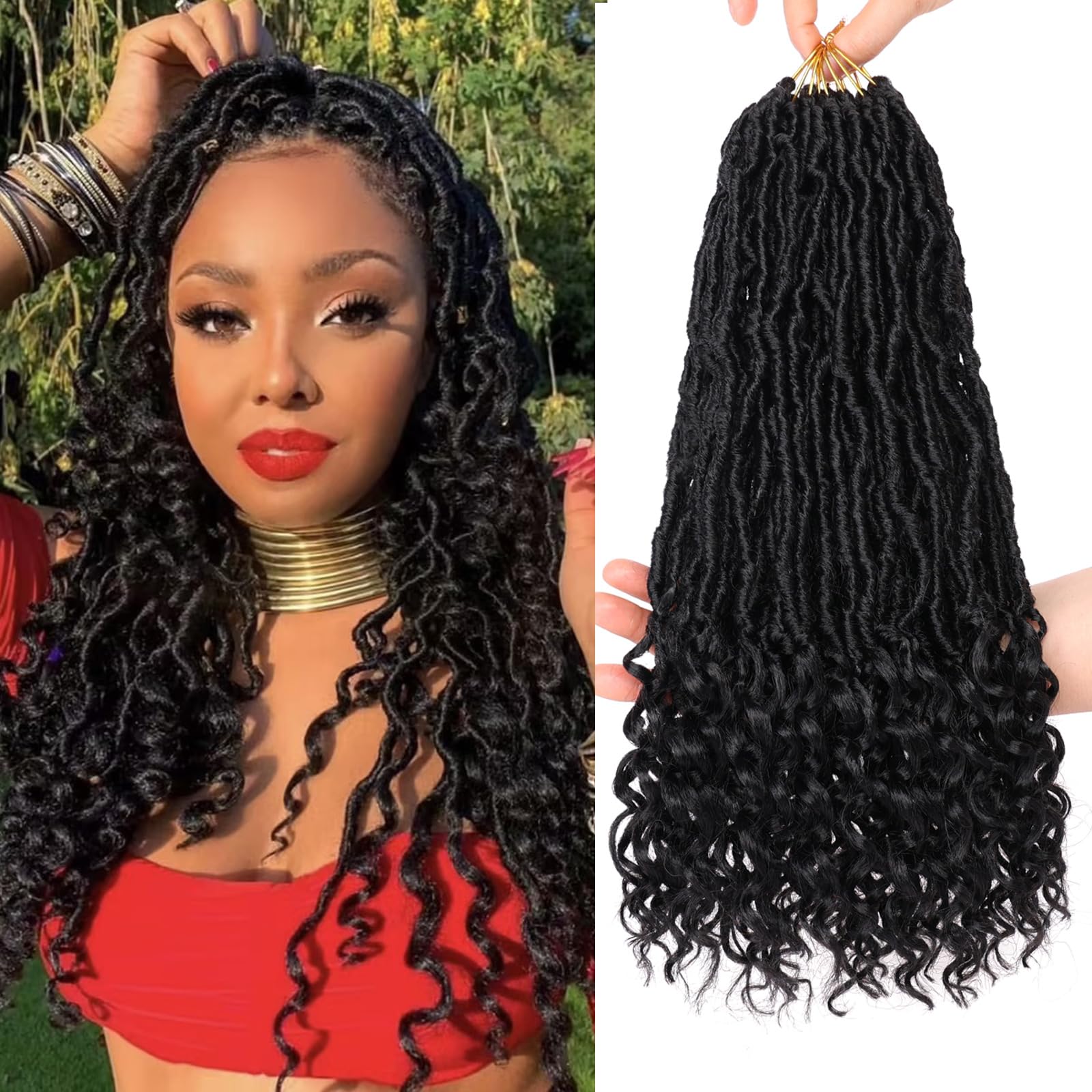Leeven 7 Packs Faux Locs With Curly Ends 18 Inch Pre-looped Goddess Locs Crochet Hair 84 Strands Natural Black Crochet Bohemian Soft Locs Braiding Hair Extensions With Curls for Women 1B