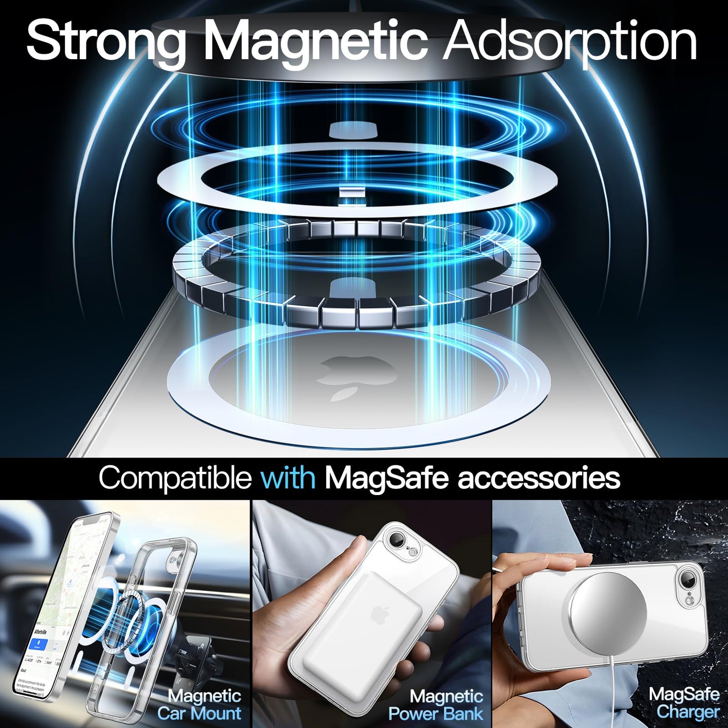 premium aplus module features iPhone with clear case showcasing MagSafe compatibility and sleek design.