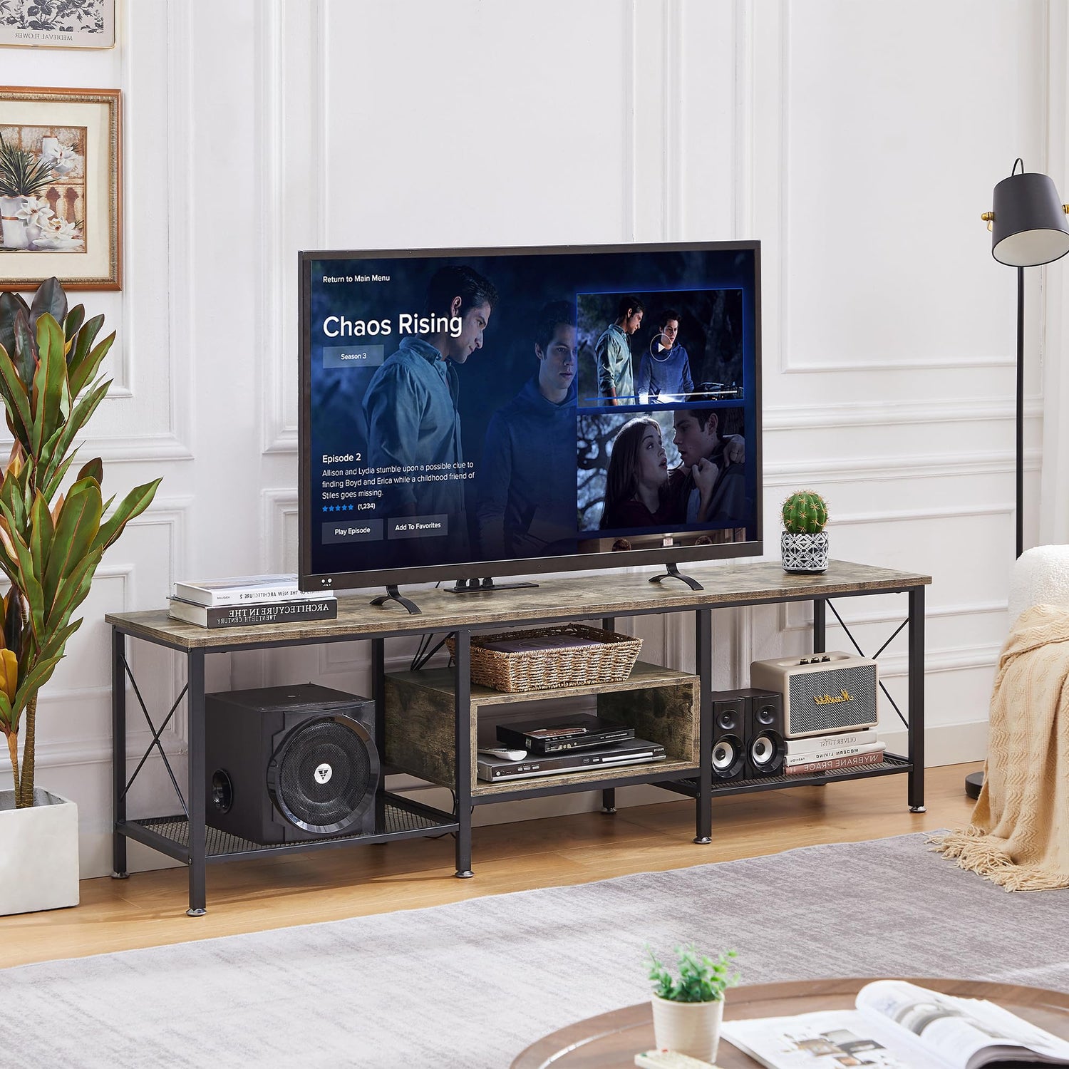 VECELO TV Stand with Power Outlets for 65 Inch Industria Media Entertainment Center with Charging Station, 3-Tier Open Shelves &amp; Metal Frame for Living Room, Bedroom, 55 Inch, Brown
