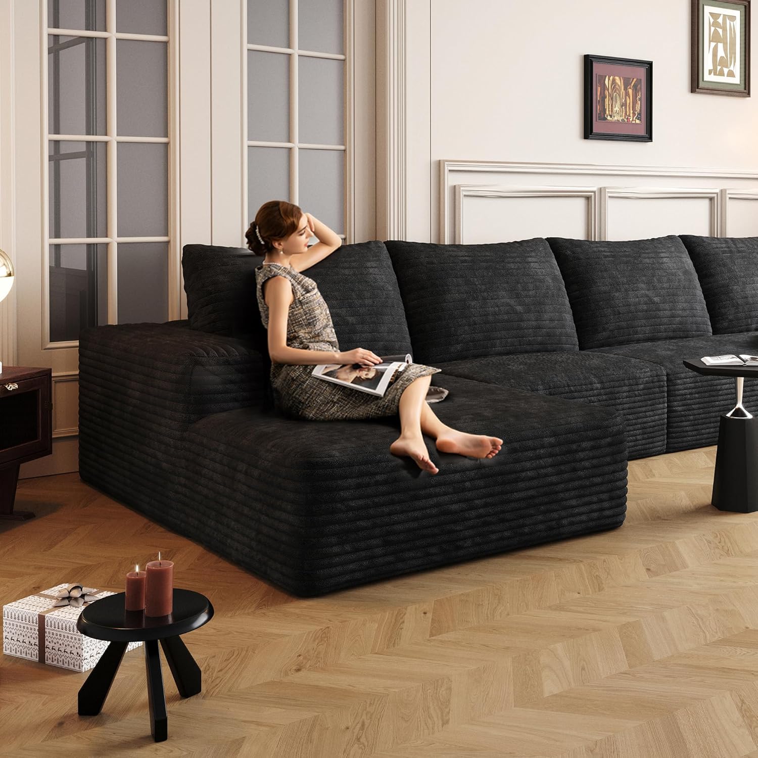 135" Oversized Compressed Sectional Sofa - 33D High-Density Foam Cloud Couch with Deep Seat - Minimalist 3-Piece Corduroy Upholstered Boneless Modular Lounge Couch | Breathable material, Full Foam, Anti-slip