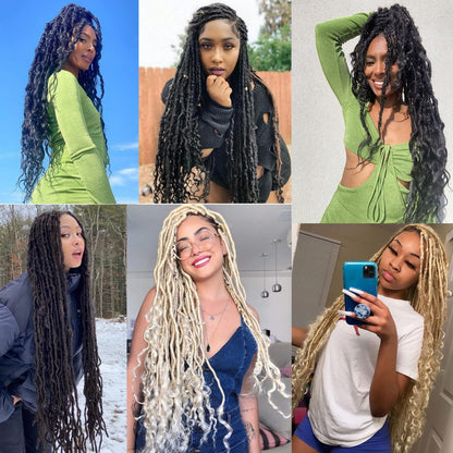 Leeven 7 Packs Faux Locs With Curly Ends 18 Inch Pre-looped Goddess Locs Crochet Hair 84 Strands Natural Black Crochet Bohemian Soft Locs Braiding Hair Extensions With Curls for Women 1B