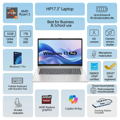 HP 2025 17 Laptop, 17.3" FHD Display, AMD Ryzen 5 Processor (Beats i7-1165G7), 16GB RAM, 512GB SSD, HDMI, Webcam, Wi-Fi 6, Windows 11 Pro, Silver with Docking Station