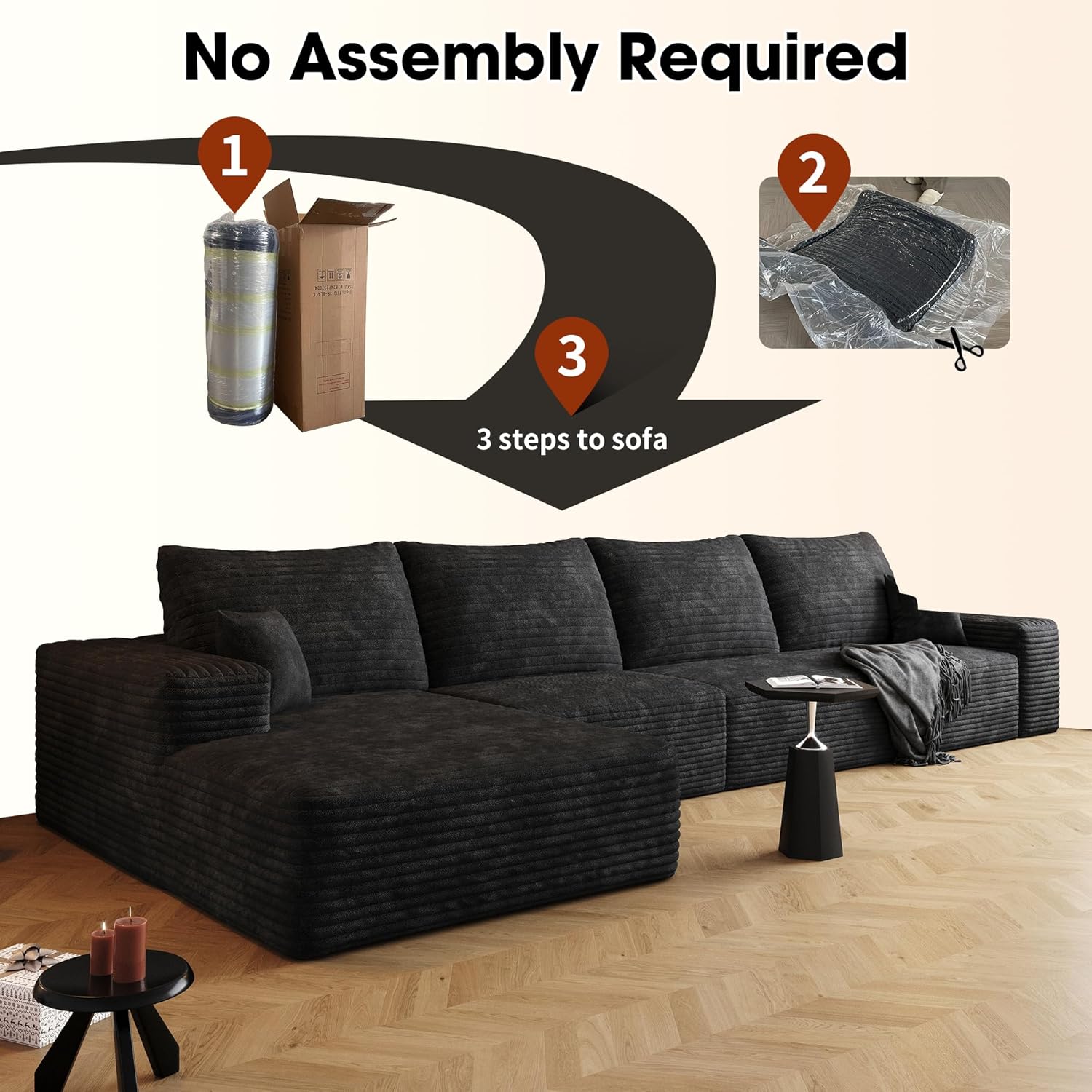 135" Oversized Compressed Sectional Sofa - 33D High-Density Foam Cloud Couch with Deep Seat - Minimalist 3-Piece Corduroy Upholstered Boneless Modular Lounge Couch | Breathable material, Full Foam, Anti-slip