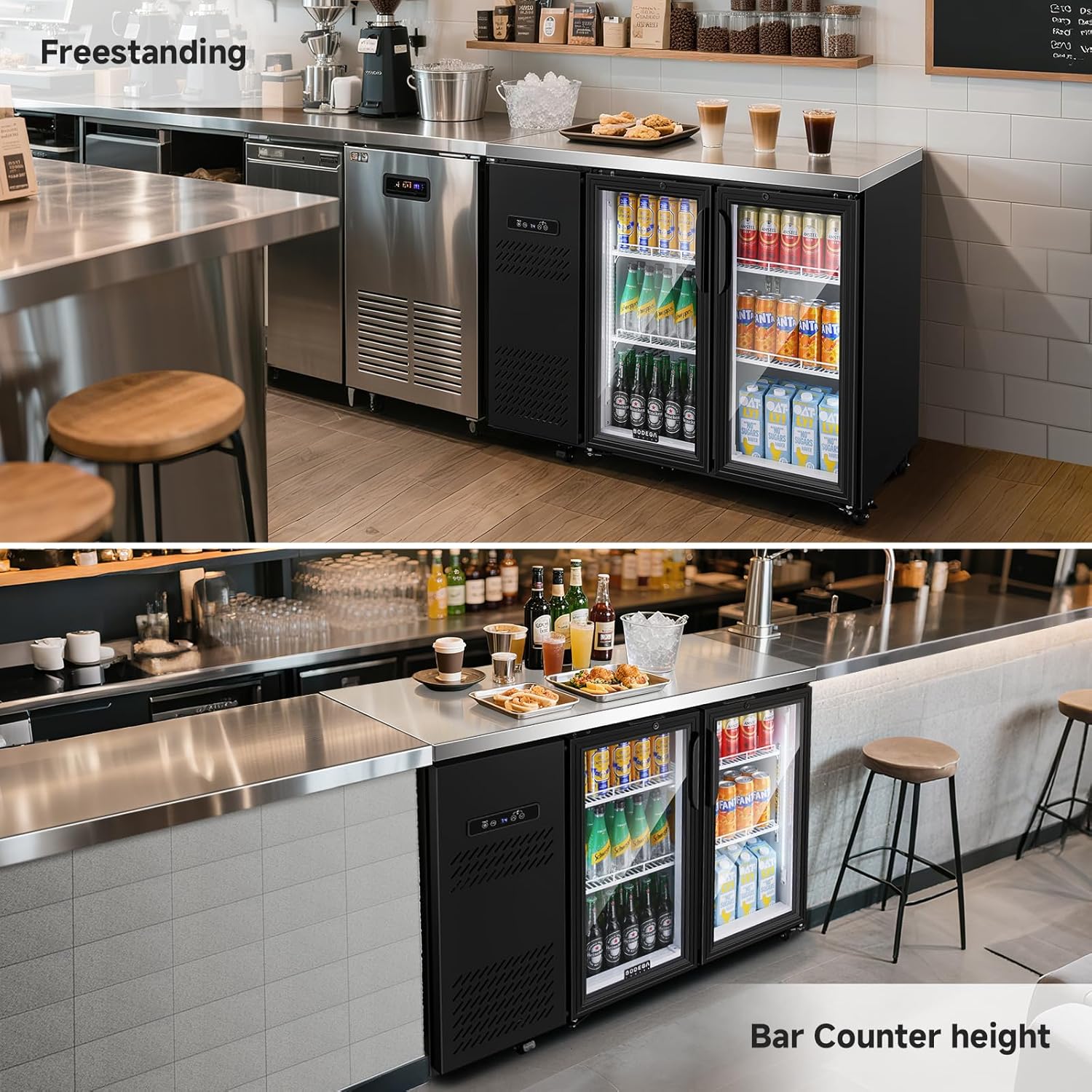 BODEGACOOLER Commercial Back Bar Cooler with 2 Glass Doors,12 Cu.Ft Stainless Steel Commercial Counter Height Bar Refrigerator,Display Drink Beverage Beer Fridge LED Lighting,SUS304 Top,4 Casters