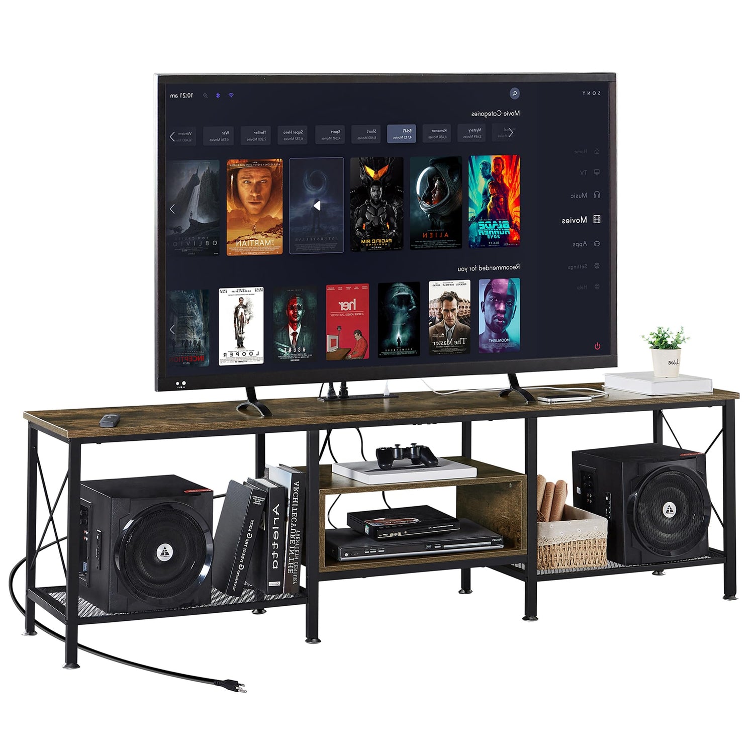 VECELO TV Stand with Power Outlets for 65 Inch Industria Media Entertainment Center with Charging Station, 3-Tier Open Shelves &amp; Metal Frame for Living Room, Bedroom, 55 Inch, Brown
