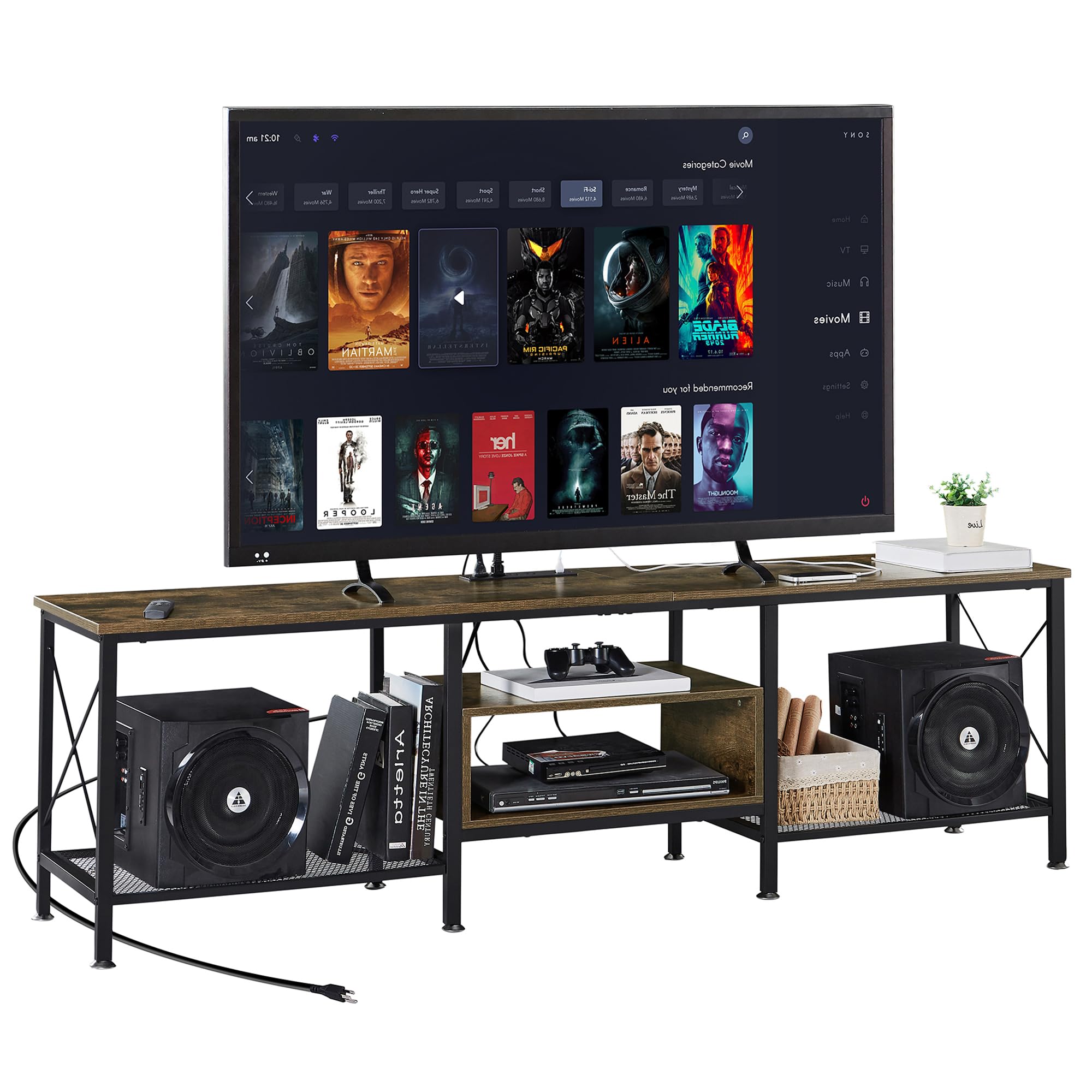 VECELO TV Stand with Power Outlets for 65 Inch Industria Media Entertainment Center with Charging Station, 3-Tier Open Shelves &amp; Metal Frame for Living Room, Bedroom, 55 Inch, Brown