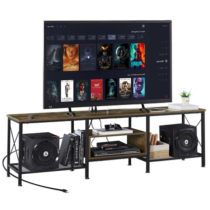 VECELO TV Stand with Power Outlets for 65 Inch Industria Media Entertainment Center with Charging Station, 3-Tier Open Shelves &amp; Metal Frame for Living Room, Bedroom, 55 Inch, Brown