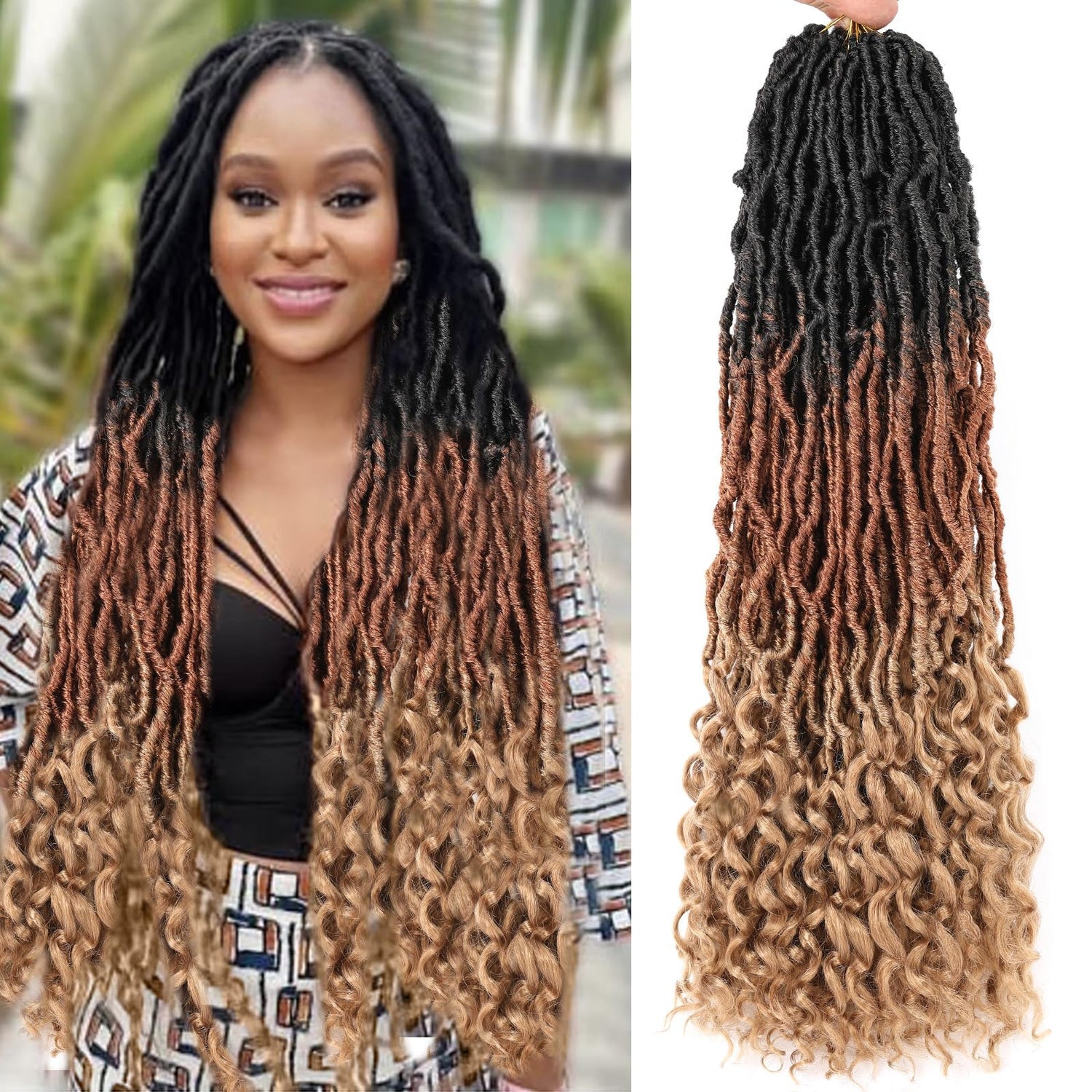 Leeven 7 Packs Faux Locs With Curly Ends 18 Inch Pre-looped Goddess Locs Crochet Hair 84 Strands Natural Black Crochet Bohemian Soft Locs Braiding Hair Extensions With Curls for Women 1B