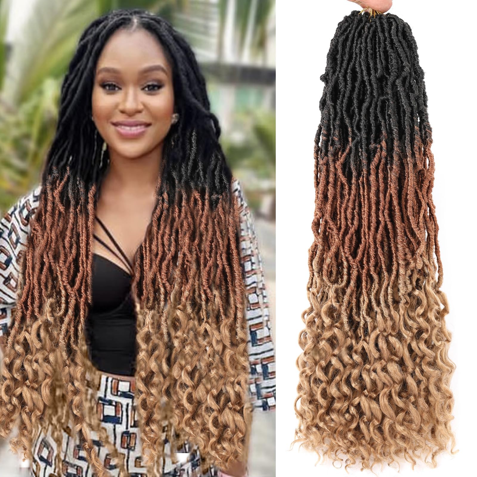 Leeven 7 Packs Faux Locs With Curly Ends 18 Inch Pre-looped Goddess Locs Crochet Hair 84 Strands Natural Black Crochet Bohemian Soft Locs Braiding Hair Extensions With Curls for Women 1B