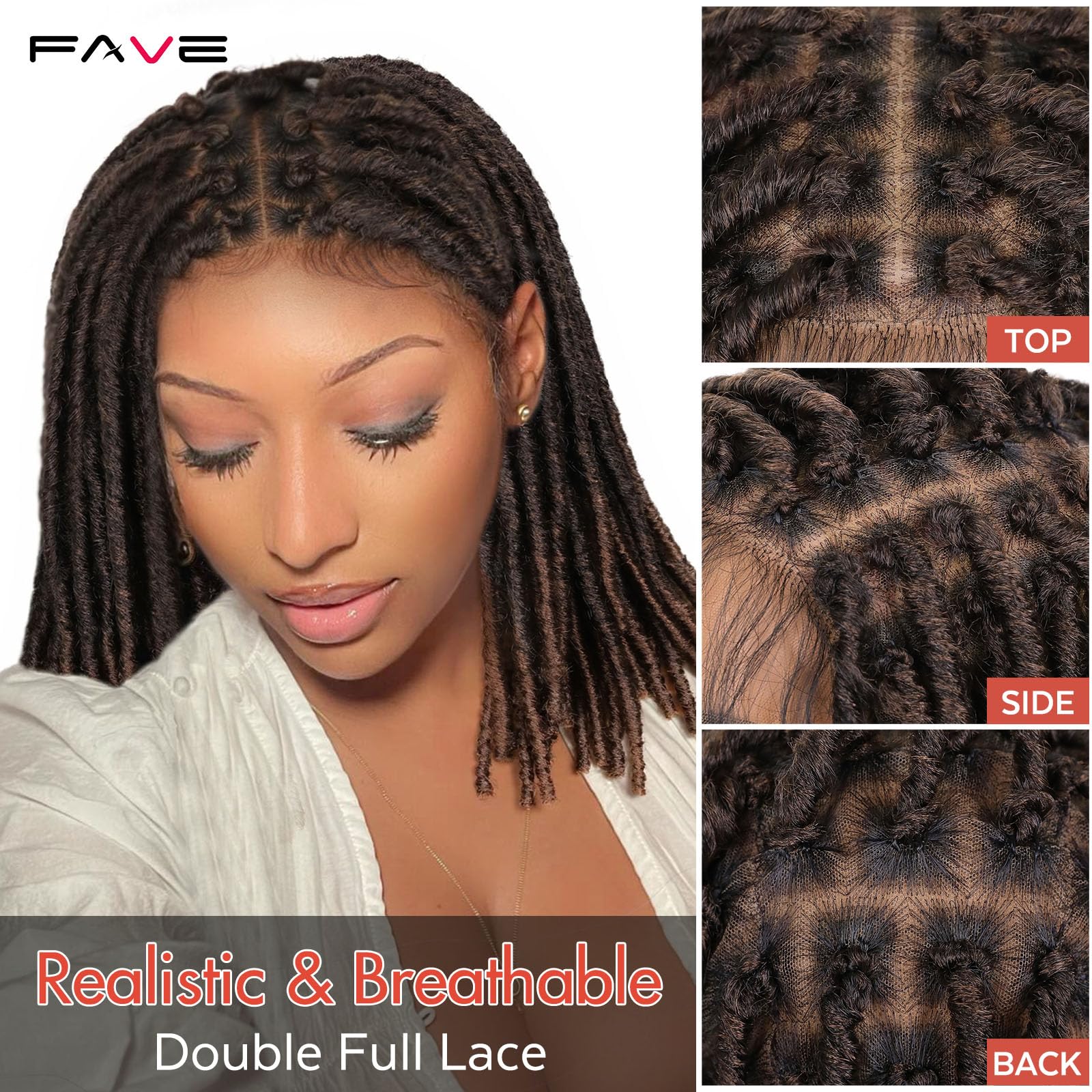 FAVE Soft Faux Locs Wig Synthetic Full Double Lace Dreadlock Wig Ombre Brown Braided Wigs for Black Women Dreads Wig for Women Natural Looking Part Free（Natural Color,280g）