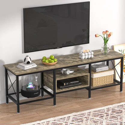 VECELO TV Stand with Power Outlets for 65 Inch Industria Media Entertainment Center with Charging Station, 3-Tier Open Shelves &amp; Metal Frame for Living Room, Bedroom, 55 Inch, Brown