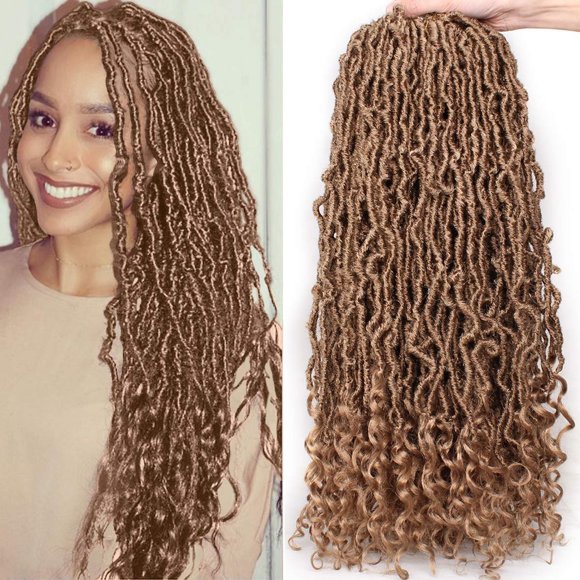 Leeven 7 Packs Faux Locs With Curly Ends 18 Inch Pre-looped Goddess Locs Crochet Hair 84 Strands Natural Black Crochet Bohemian Soft Locs Braiding Hair Extensions With Curls for Women 1B