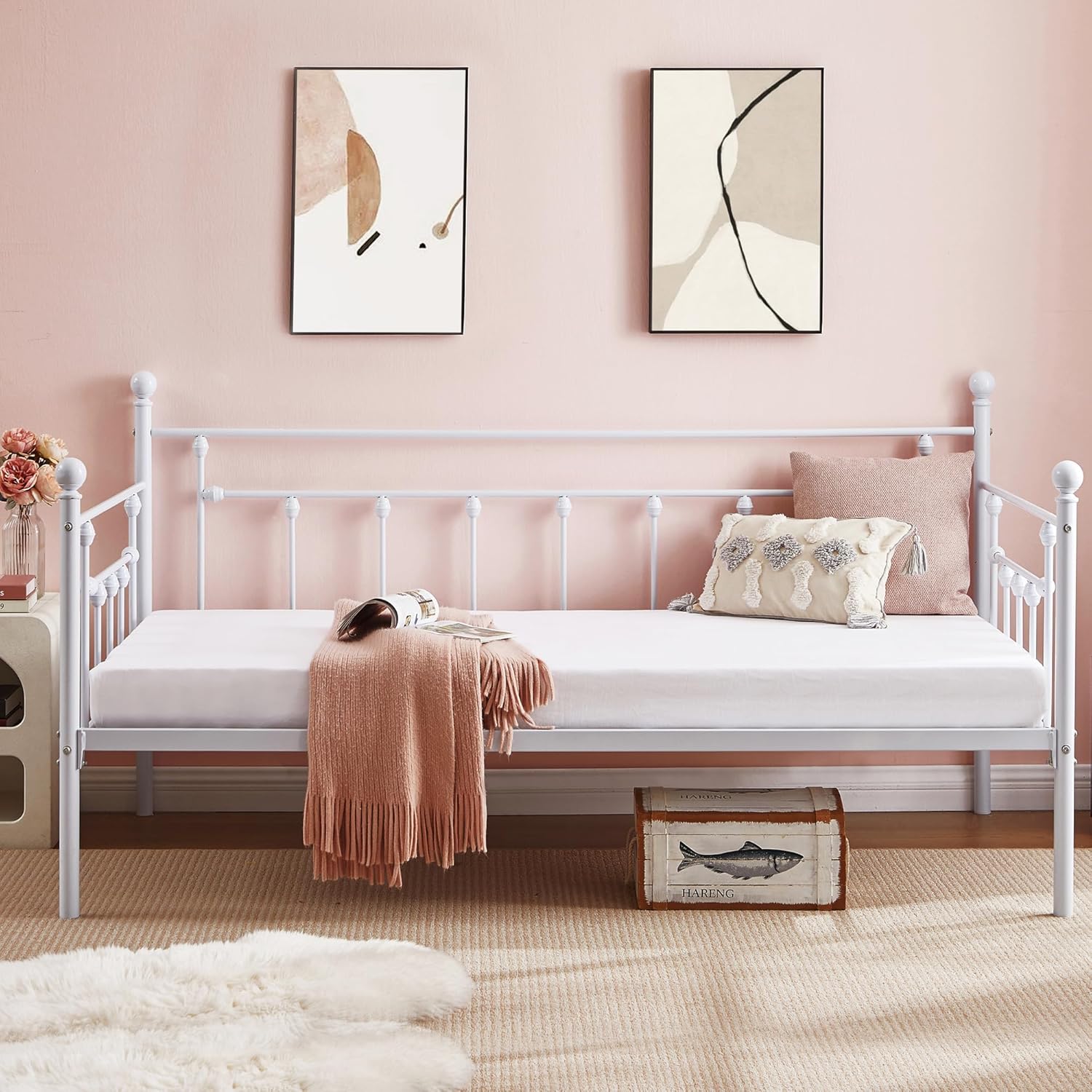 VECELO Daybed Frame, Twin Size Metal Platform Bed with Headboard,Heavy Duty Steel Slats Support for Living Room Bedroom Guest Room, Easy Assembly