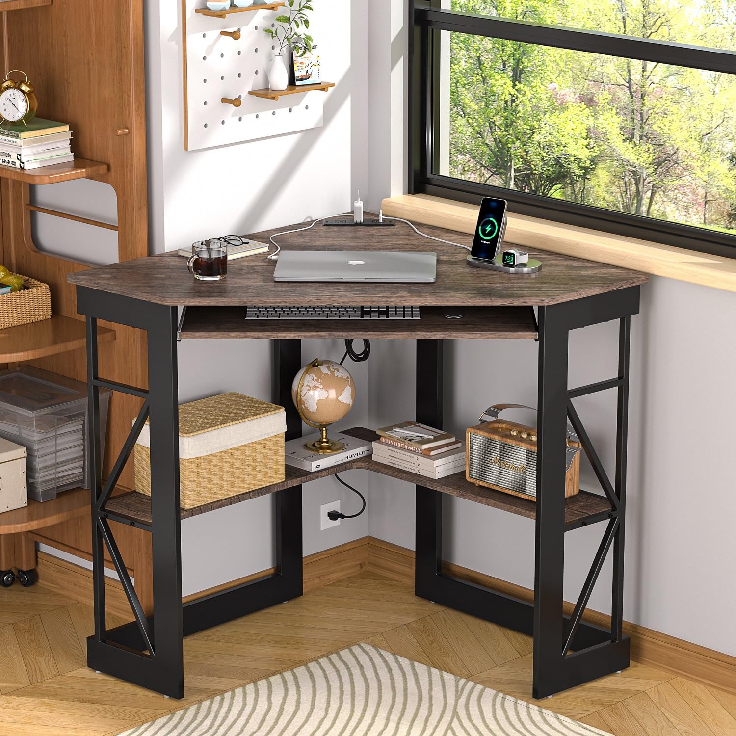 VECELO Corner Computer Desk 41x30 inches with Charging Station &amp; Keyboard &amp; Storage Shelves for Small Space,Triangle Table for Home Office Bedroom,Black
