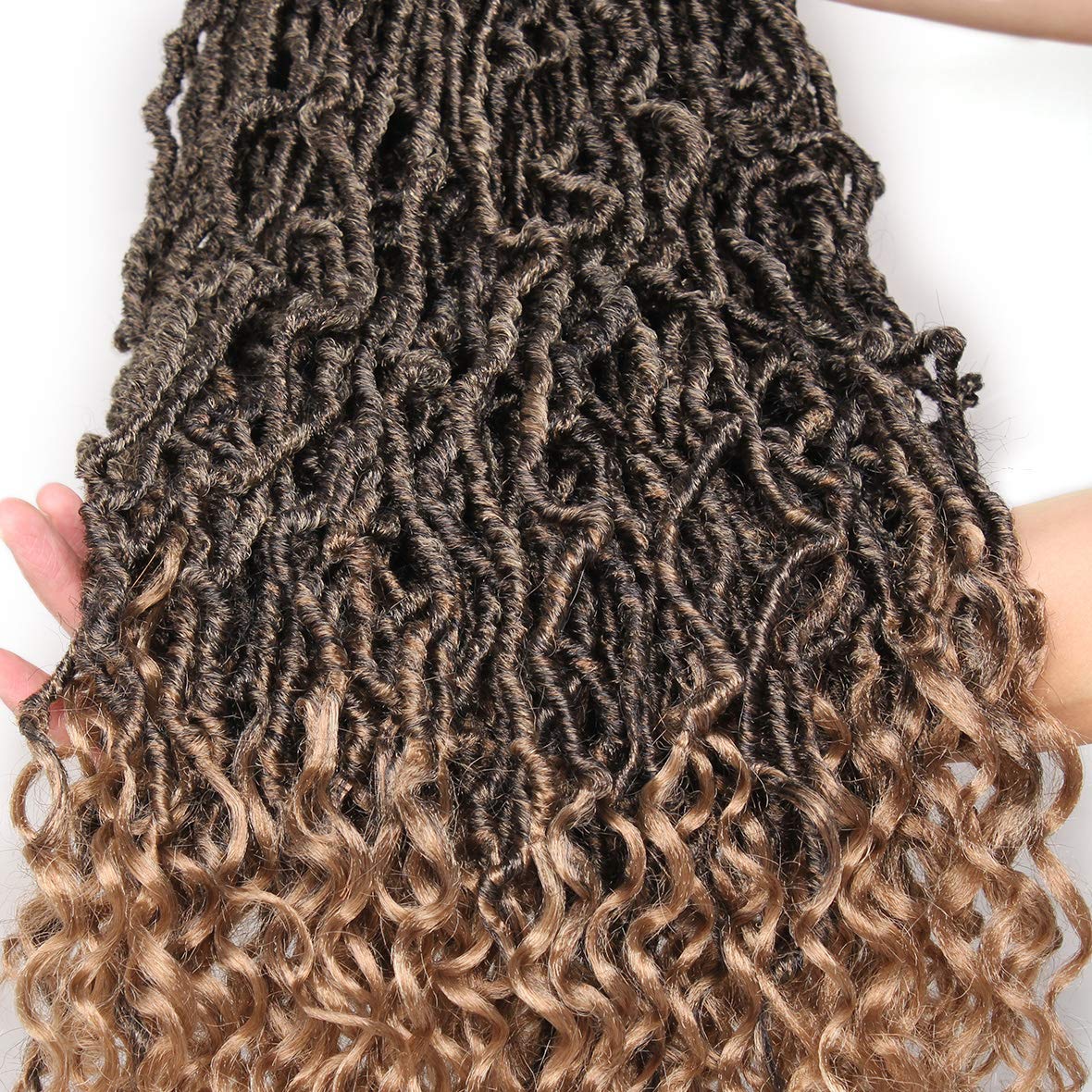 Leeven 7 Packs Faux Locs With Curly Ends 18 Inch Pre-looped Goddess Locs Crochet Hair 84 Strands Natural Black Crochet Bohemian Soft Locs Braiding Hair Extensions With Curls for Women 1B