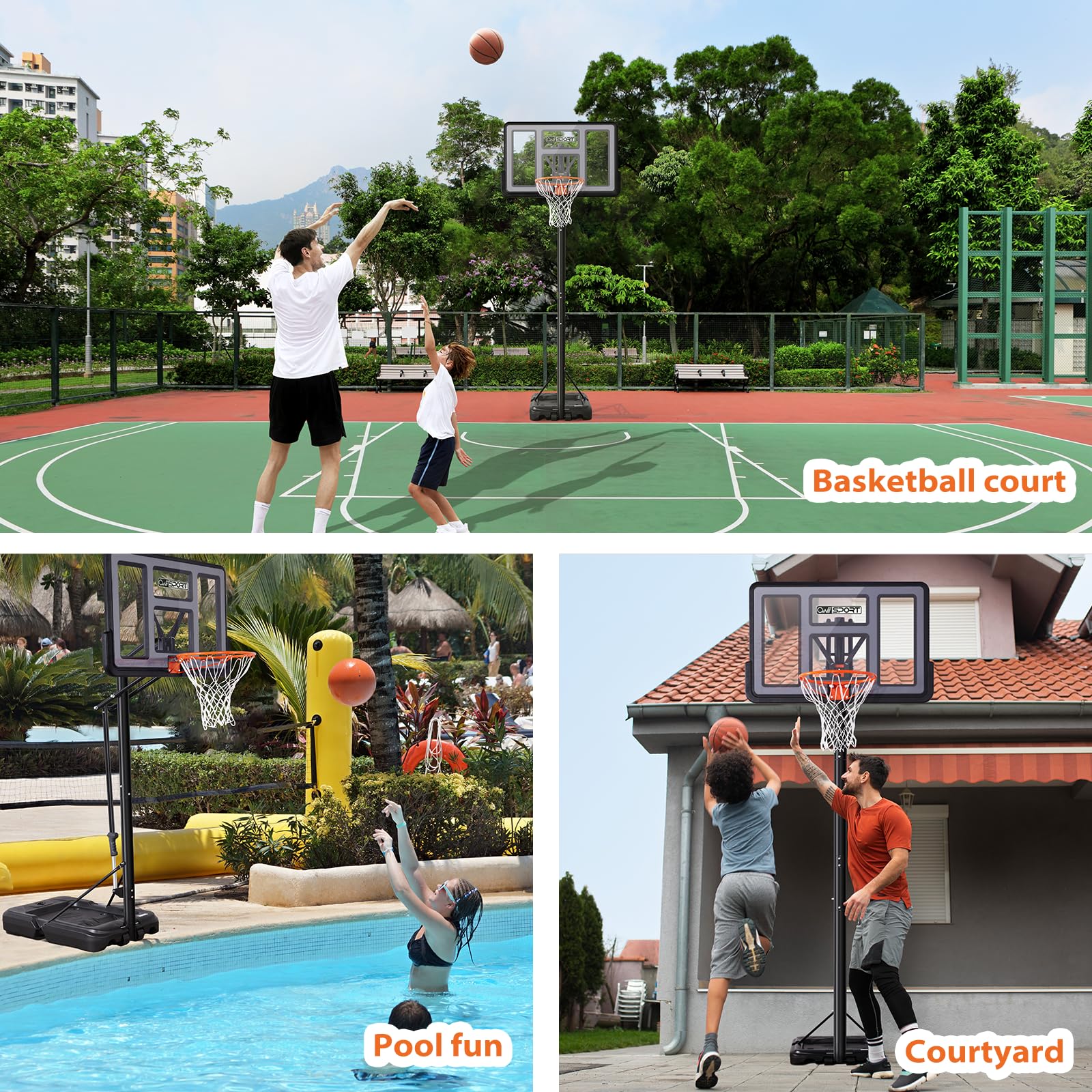 Basketball Hoop Outdoor Protable 44/48 Inch Impact Backboard, 4.8-10FT Height Adjustable Basketball Hoop Goal System with Wheels for Adults